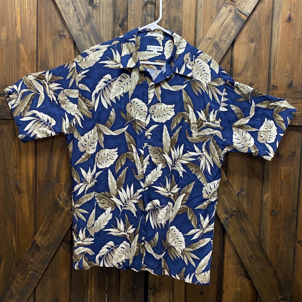 Pierre Cardin Hawaiian Shirt Men Large Leaf Palm Aloha Rayon Tropical